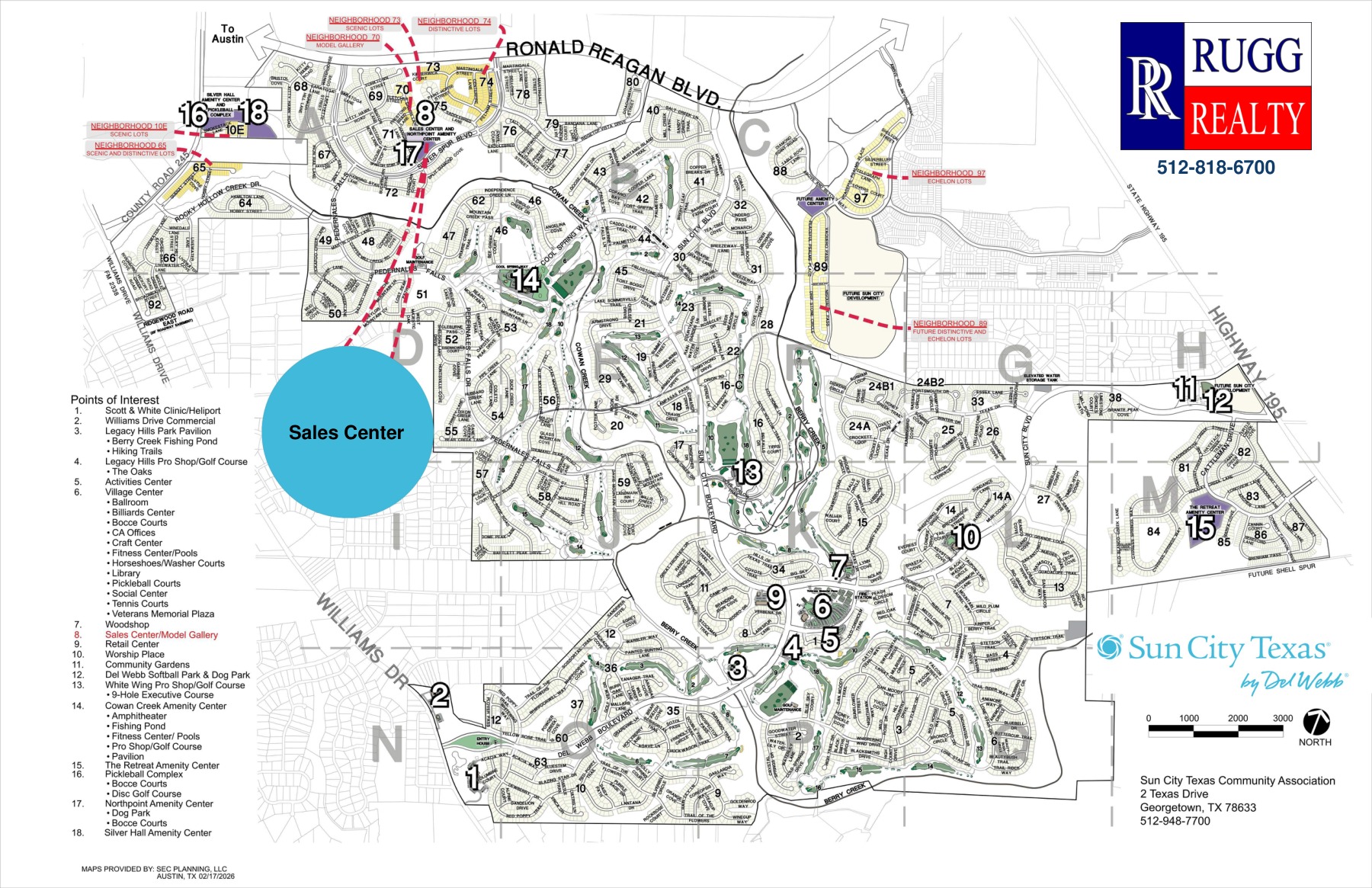 Sun City Texas community map with neighborhood numbers and amenities, a Sales Center marker, and Rugg Realty logo and phone 512-818-6700 in the upper-right corner.